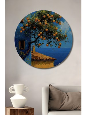 Teona Ahşap Portakallar Ağaçlı Ev Yağlı Boya Görünümlü Dekoratif Ahşap Tablo Yuvarlak Duvar Tablosu