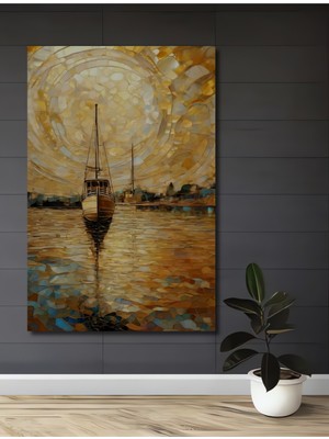 Teona Ahşap Altın Işık Tekne Sulu Boya Görünümlü Dekoratif Ahşap Ev,antre,salon,ofis,mutfak,yatak Odası Tablo