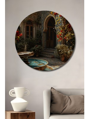 Teona Ahşap Gızemlı Avlu Sulu Boya Görünümlü Dekoratif Ahşap Tablo Yuvarlak Duvar Tablosu