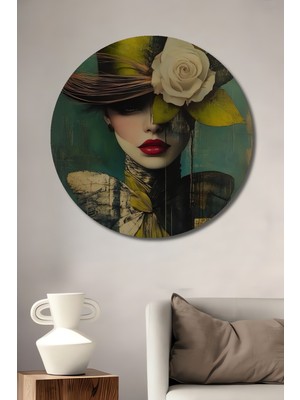 Teona Ahşap Gızemlı Kadın Portresi Yağlı Boya Görünümlü Ahşap Dekoratif Tablo Yuvarlak Duvar Tablosu