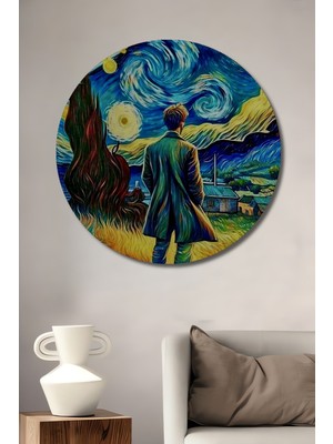 Teona Ahşap Yıldızlı Gece Esinli Erkek Portresi Yağlı Boya Görünümlü Ahşap Dekoratif Tablo Yuvarlak Duvar Tablosu