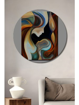 Teona Ahşap Soyut Insan Profilleri Yağlı Boya Görünümlü Ahşap Dekoratif Tablo Yuvarlak Duvar Tablosu