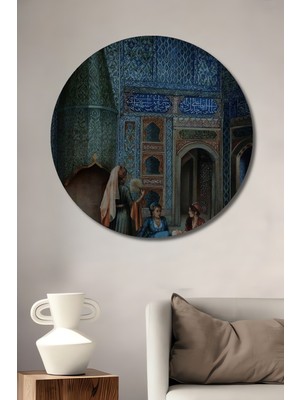 Teona Ahşap Osmanlı Sarayı Harem Sahnesi Yağlı Boya Görünümlü Ahşap Dekoratif Tablo Yuvarlak Duvar Tablosu