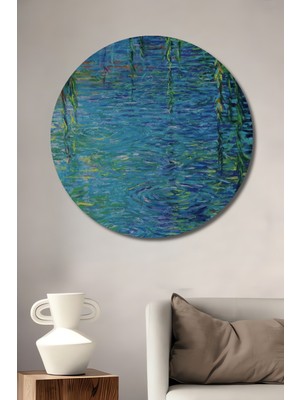 Teona Ahşap Sulu Boya Görünümlü Salkım Söğütler ve Su Yansımaları Sanat Tablosu Yuvarlak Duvar Tablosu