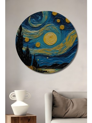 Teona Ahşap Yıldızlı Gece Van Gogh Yağlı Boya Görünümlü Ahşap Dekoratif Tablo Yuvarlak Duvar Tablosu