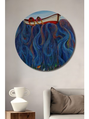 Teona Ahşap Balıkçı Teknesi ve Renkli Ağlar Yağlı Boya Görünümlü Dekoratif Ahşap Tablo Yuvarlak Duvar Tablosu