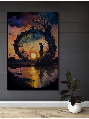 Teona Ahşap Masalsı Saat Ağaçlı Sahil Manzarası Sulu Boya Görünümlü Dekoratif Ahşap Ev,antre,salon,ofis Tablo
