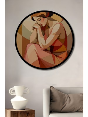 Teona Ahşap Art Deco Kadın Portresi Yağlı Boya Görünümlü Ahşap Dekoratif Tablo Yuvarlak Duvar Tablosu