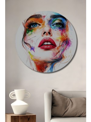 Teona Ahşap Kadın Yüzü Sulu Boya Görünümlü Modern Sanat Ahşap Dekoratif Tablo Yuvarlak Duvar Tablosu