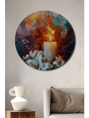 Teona Ahşap Mum Işığı ve Zarafet Yağlı Boya Görünümlü Dekoratif Ahşap Tablo Yuvarlak Duvar Tablosu