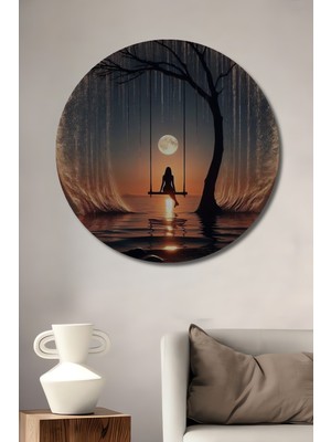 Teona Ahşap Aşkın Ay Işığında Salıncak Sanat Ahşap Dekoratif Tablo Yuvarlak Duvar Tablosu