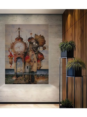 Teona Ahşap Büyülü Saat Kulesi ve Deniz Canlıları Yağlı Boya Görünümlü Dekoratif Ahşap Ev,antre,salon Tablo