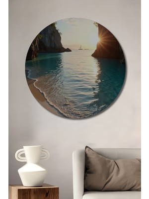 Teona Ahşap Gün Batımı Sakin Koy Manzarası Yağlı Boya Görünümlü Ahşap Dekoratif Tablo Yuvarlak Duvar Tablosu