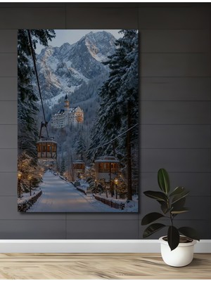 Teona Ahşap Büyülü Kış Masalı Şatosu Teleferik Yolculuğu Yağlı Boya Görünümlü Dekoratif Ahşap Tablo
