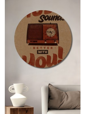 Teona Ahşap Retro Vintage Müzik Çalar Ahşap Dekoratif Tablo Yuvarlak Duvar Tablosu