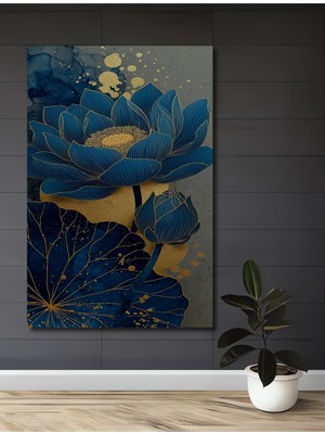 Teona Ahşap Mavi Altın Yapraklı Nilüfer Sanat Ev,antre,salon,ofis,mutfak,yatak Odası Tablosu