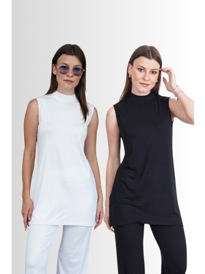 Penye Bizden Viskon Kolsuz Tunik 2'Li Satış-Siyah-Beyaz