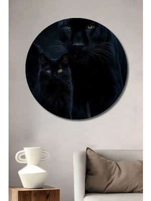 Teona Ahşap Kara Kedi ve Panter Siyahın Büyüsü Yağlı Boya Görünümlü Dekoratif Ahşap Tablo Yuvarlak Duvar Tablosu