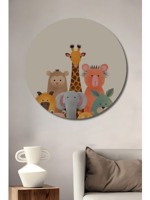 Teona Ahşap Sevimli Orman Hayvanları Sulu Boya Görünümlü Ahşap Tablo Yuvarlak Duvar Tablosu