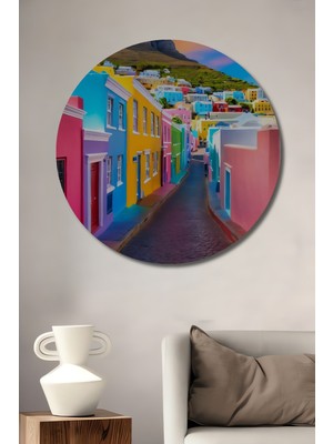 Teona Ahşap Bohem Sokak Yağlı Boya Görünümlü Dekoratif Ahşap Tablo Yuvarlak Duvar Tablosu