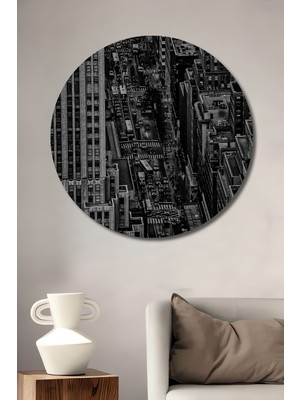 Teona Ahşap New York Şehir Koşturmacası Kara Kalem Görünümlü Soyut Sanat Ahşap Dekoratif Tablo Yuvarlak Duvar Tablosu