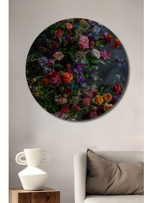 Teona Ahşap Büyüleyici Doğal Çiçek Buketi Yağlı Boya Görünümlü Ahşap Tablo Yuvarlak Duvar Tablosu