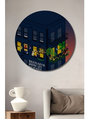 Teona Ahşap Sevimli Kedi ve Balkon Manzaralı Soyut Sanat Ahşap Dekoratif Tablo Yuvarlak Duvar Tablosu