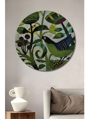 Teona Ahşap Yeşil Doğa Kuş Figürlü Pastel Boya Görünümlü Modern Sanat Ahşap Tablo Yuvarlak Duvar Tablosu