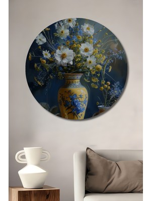 Teona Ahşap Sarı Vazo Beyaz ve Mavi Çiçek Buketi Sulu Boya Görünümlü Dekoratif Ahşap Tablo Yuvarlak Duvar Tablosu