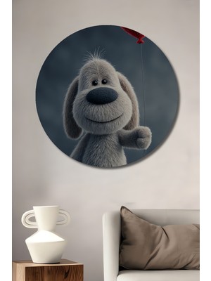 Teona Ahşap Sevimlilik Abidesi Tüylü Köpek Kalpli Balon Ahşap Dekoratif Tablo Yuvarlak Duvar Tablosu