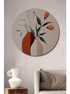 Teona Ahşap Iki Vazoda Cömert Çiçekler Yağlı Boya Görünümlü Sanat Ahşap Dekoratif Tablo Yuvarlak Duvar Tablosu