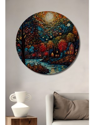 Teona Ahşap Ağaçlar Içinde Yıldızlı Gece Manzarası Yağlı Boya Görünümlü Ahşap Dekoratif Tablo Yuvarlak Duvar Tablosu