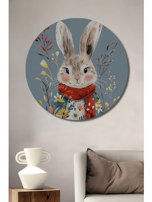 Teona Ahşap Sevimli Tavşan ve Renkli Çiçekler Sulu Boya Görünümlü Ahşap Dekoratif Tablo Yuvarlak Duvar Tablosu