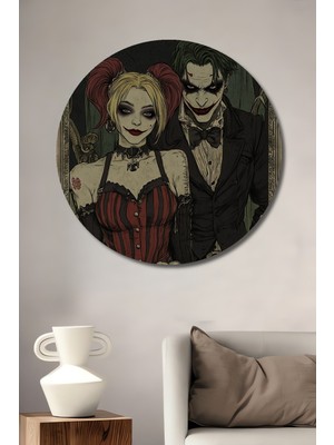 Teona Ahşap Harley Quinn ve Joker Çizgiroman Tarzı Yağlı Boya Görünümlü Ahşap Dekoratif Tablo Yuvarlak Duvar Tablosu