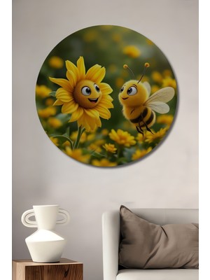 Teona Ahşap Sevimli Arı ve Güneş Çiçeği Yağlı Boya Görünümlü Ahşap Tablo Yuvarlak Duvar Tablosu