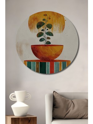 Teona Ahşap Modern Bitki ve Güneş Soyut Sanat Ahşap Dekoratif Tablo Yuvarlak Duvar Tablosu