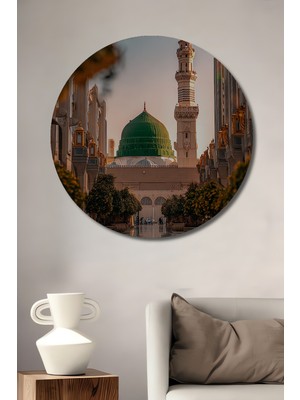 Teona Ahşap Mekke Medine Yeşil Kubbe Sanat Tablosu Yağlı Boya Görünümlü Dekoratif Ahşap Tablo Yuvarlak Duvar Tablosu