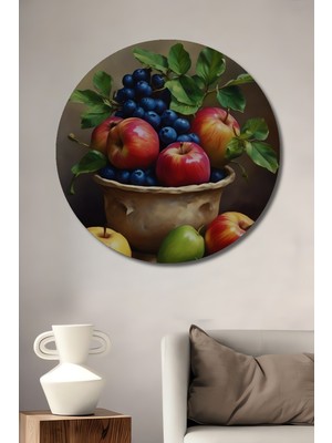 Teona Ahşap Yağlı Boya Görünümlü Meyve Sepeti Ahşap Dekoratif Tablo Yuvarlak Duvar Tablosu