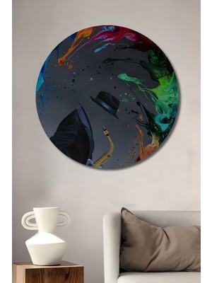 Teona Ahşap Soyut Caz Rapsodisi Yağlı Boya Görünümlü Ahşap Dekoratif Tablo Yuvarlak Duvar Tablosu