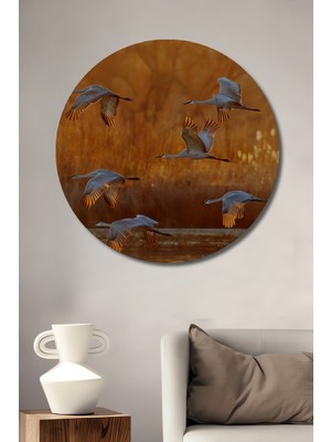 Teona Ahşap Göç Eden Turnalar Sulu Boya Görünümlü Ahşap Dekoratif Tablo Yuvarlak Duvar Tablosu