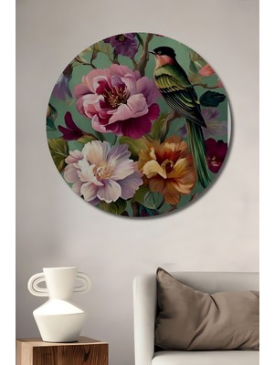 Teona Ahşap Canlı Kuş ve Çiçek Tülleri Yağlı Boya Görünümlü Dekoratif Ahşap Tablo Yuvarlak Duvar Tablosu
