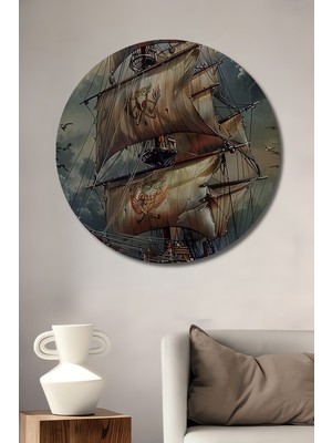 Teona Ahşap Masalsı Yelkenli Gemi Yağlı Boya Görünümlü Ahşap Dekoratif Tablo Yuvarlak Duvar Tablosu