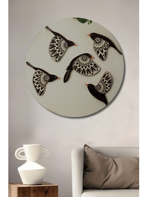 Teona Ahşap Siyah Beyaz Mandala Desenli Kuş Sürüsü Ahşap Dekoratif Tablo Yuvarlak Duvar Tablosu