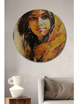 Teona Ahşap Sıcak Renkler Kadın Portresi Yağlı Boya Görünümlü Ahşap Dekoratif Tablo Yuvarlak Duvar Tablosu