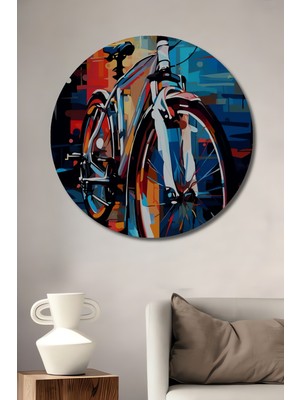 Teona Ahşap Modern Soyut Bisiklet Yağlı Boya Görünümlü Ahşap Dekoratif Tablo Yuvarlak Duvar Tablosu
