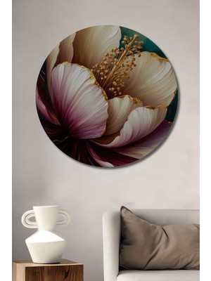 Teona Ahşap Altın Vurgulu Lüks Çiçek Yağlı Boya Görünümlü Dekoratif Ahşap Tablo Yuvarlak Duvar Tablosu