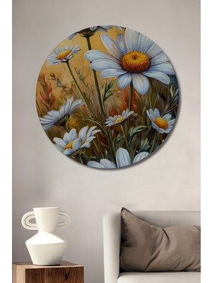 Teona Ahşap Papatya Tarlası Sulu Boya Görünümlü Dekoratif Ahşap Tablo Yuvarlak Duvar Tablosu