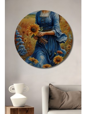 Teona Ahşap Ayçiçek Tarlası Güzeli Sulu Boya Görünümlü Dekoratif Ahşap Tablo Yuvarlak Duvar Tablosu
