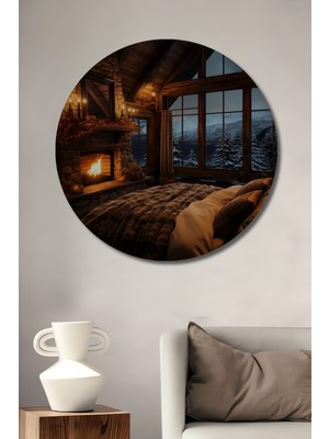 Teona Ahşap Kış Manzaralı Şömine ve Yatak Odası Ahşap Tablo Yuvarlak Duvar Tablosu