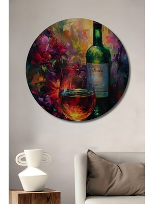 Teona Ahşap Şarap Kadehi ve Şişesi Yağlı Boya Görünümlü Ahşap Dekoratif Tablo Yuvarlak Duvar Tablosu